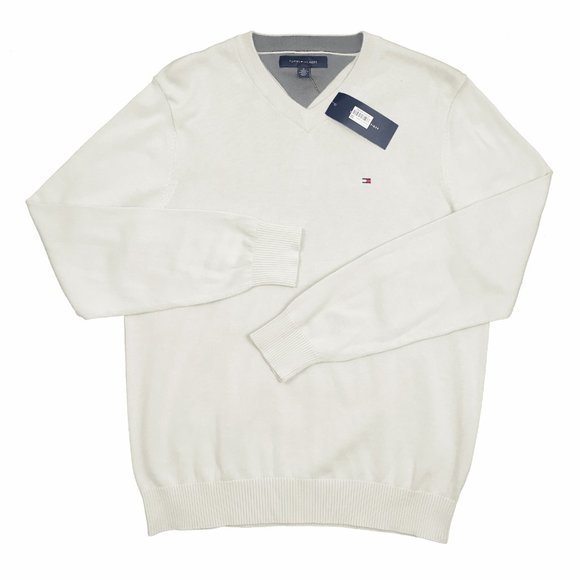 NEW Tommy Hilfiger Sweater!  Off White  V Neck  Tommy Flag on Chest  Cotton - Picture 1 of 1